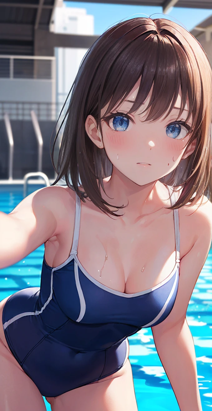  top quality, high definition ,8k wallpaper,(shape:0.8),(  beautiful and elegant :1.6), detailed face , Complete, CG in detail,(PERFECT hand,parfect Anatomy ), young woman, medium hair,swept bangs, brown hair, blue eyes,school swim suit, pool side