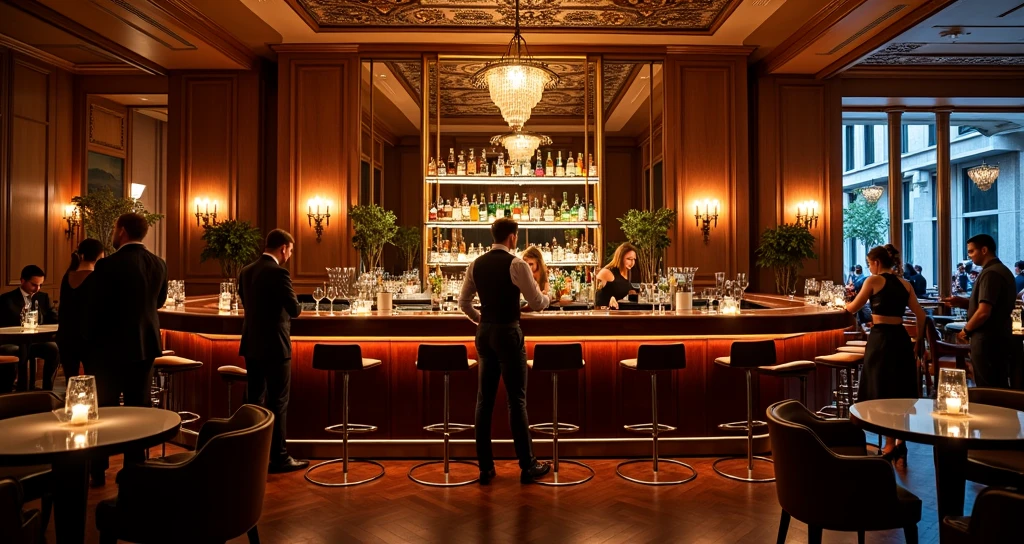 Inside the bar at the counter, one business man from the back drinking and enjoying the nightlife, deemed lighting, silhouette photography, realistic photography, business lounge aesthetic, brown and gold luxury decoration, Landscape image format 16:9 , 8K, high-resolution, bokeh