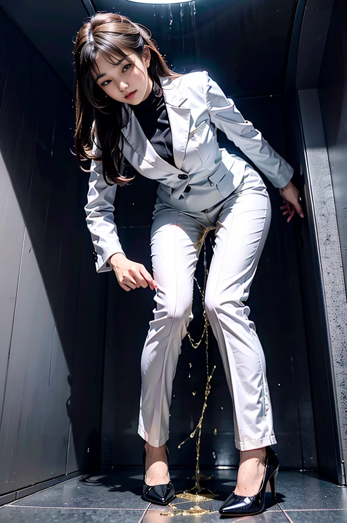 Japanese Girl sees the ghost and pees her black palazzo pants until her pants are wet in fright.