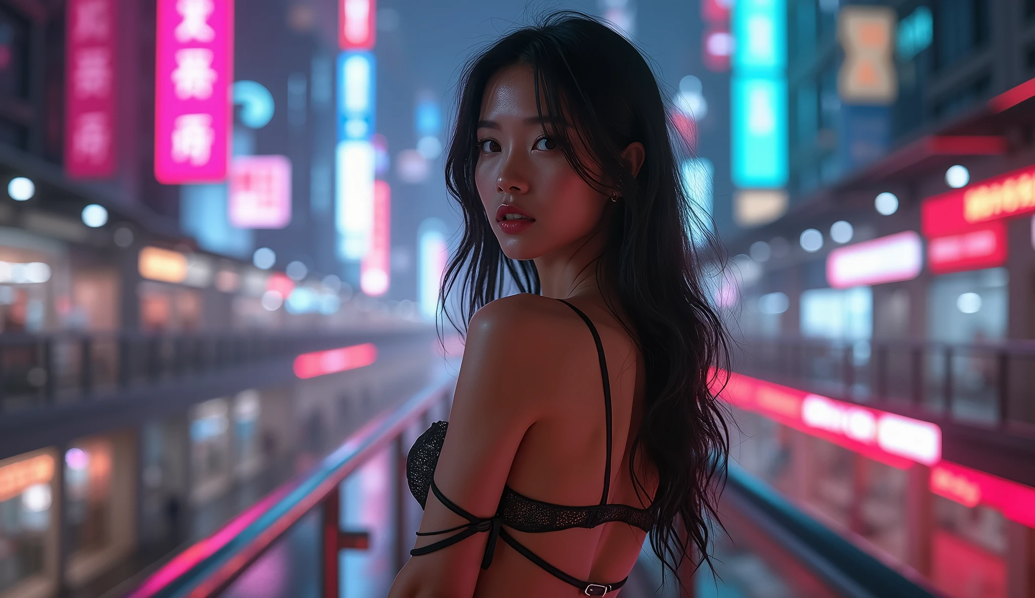 Korean woman topless in black lace G-string, standing on the edge of a 20-story building balcony at night, front view, full body