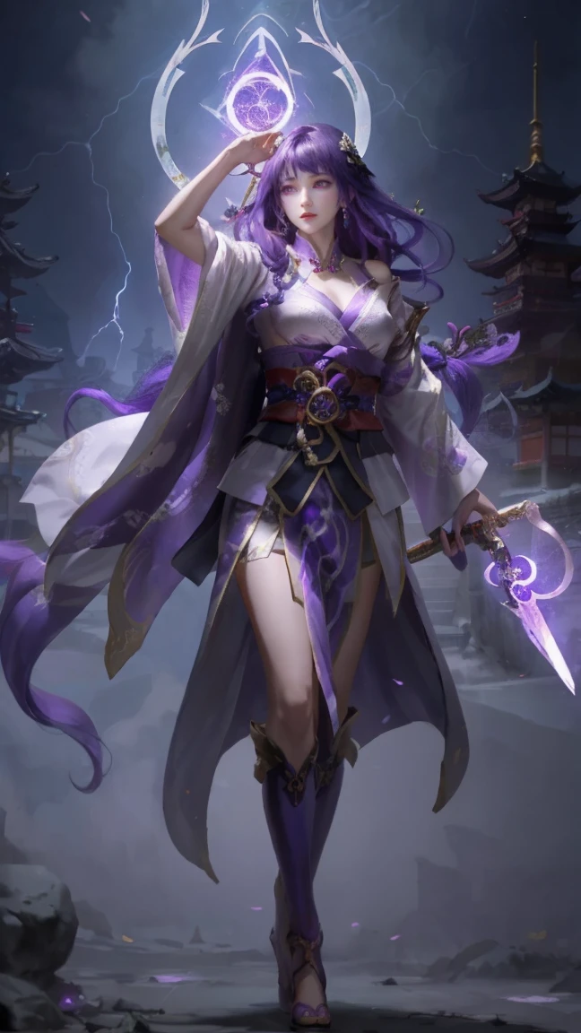 1girl,urple hair, purple eyes, glowing eyes, purple kimono, huge :1.2, holding a sword, electricity, lightning, Artifacts,purple magic, aura, full body,magic circle, braids,very long hair,hair flowe,Off shoulder, Raiden_shogun is pulling a blade from her chest, raiden shogun,purple hair, Daofa Rune, keqing (genshin impact),chinese_clothes,police,white_dress