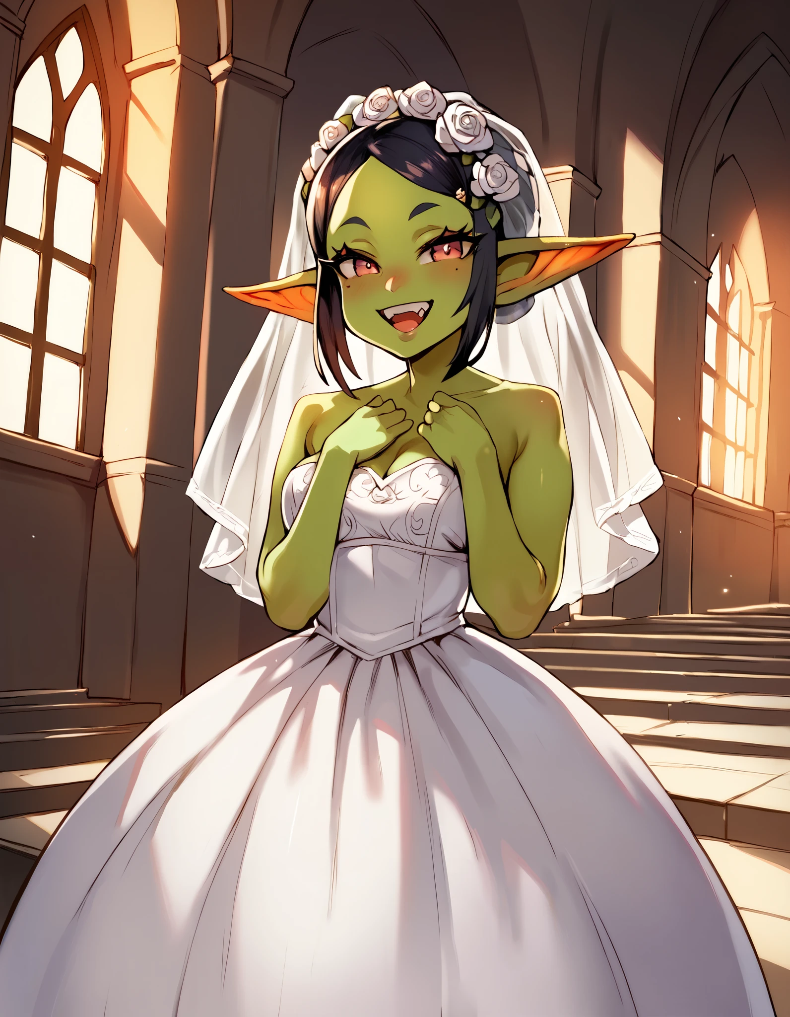 score_9, score_8_up, score_7_up, (((1 girl))), wedding_dress, green goblin girl, indoors, church, happy face, perfect beautiful face, standing, (((personless background)))