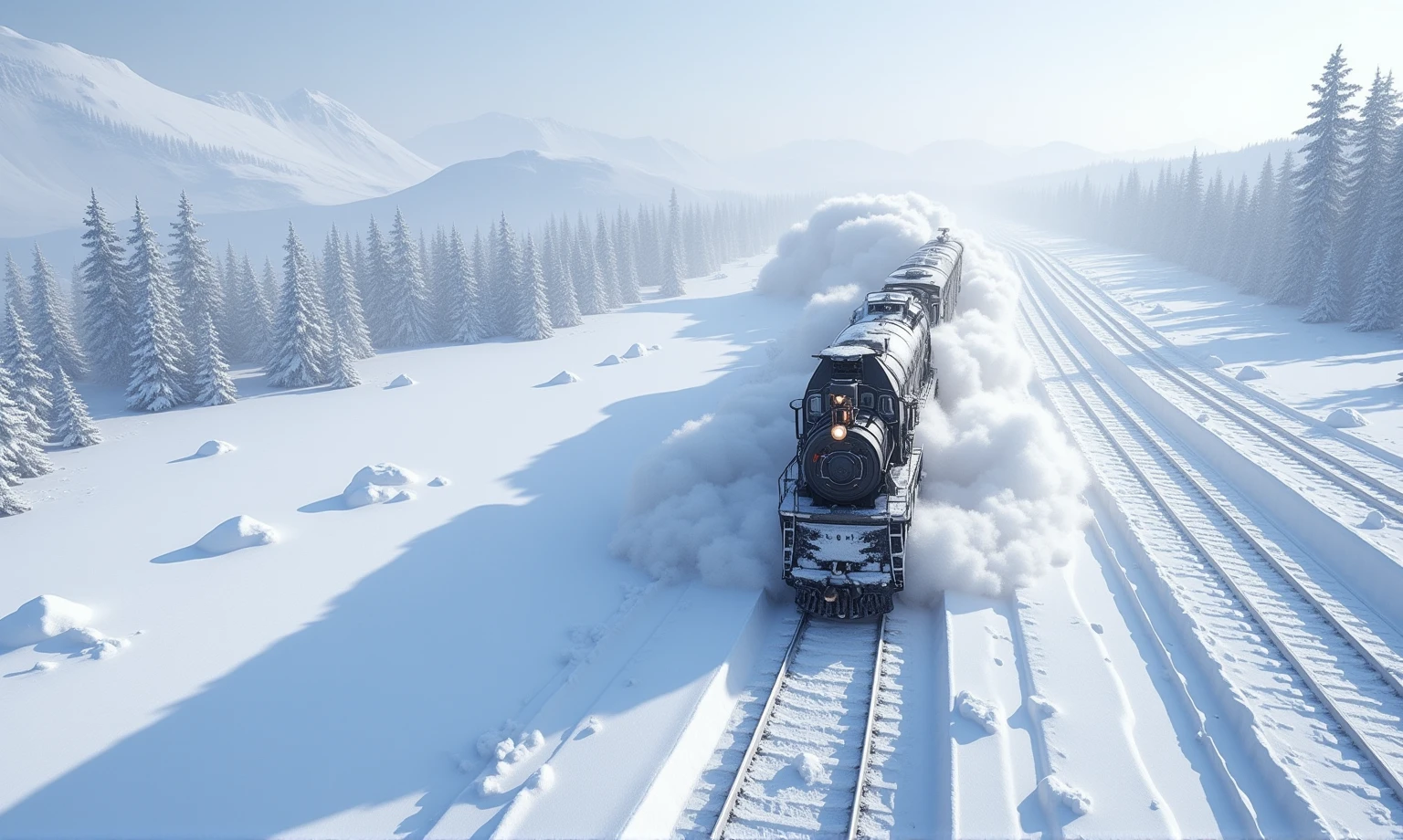 Bird's eye view. locomotive running from the upper right to the lower left in a silver world, all covered with snow. snow ruts only behind the locomotive. huge snow splash in front of locomotive. realistic. photorealistic.Snow shines reflecting the light. great focus on snow ruts.niji style