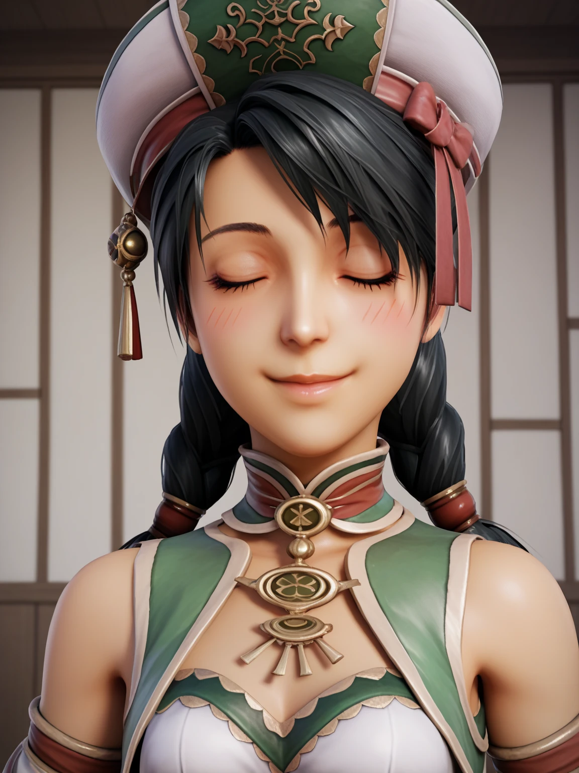 score_9, score_8_up, score_7_up, score_6_up, score_5_up, score_4_up, BREAK, source_anime, 1girl, talim, hat, black hair, twintails, braid, dark skin,, midriff, , smile, solo, , 3d, realistic, room, cute, looking up, head up, blush, l,from bellow, looking down at viewer, , closed eyes, close up, neck, swallow, side, on side, swallowing,glup, room