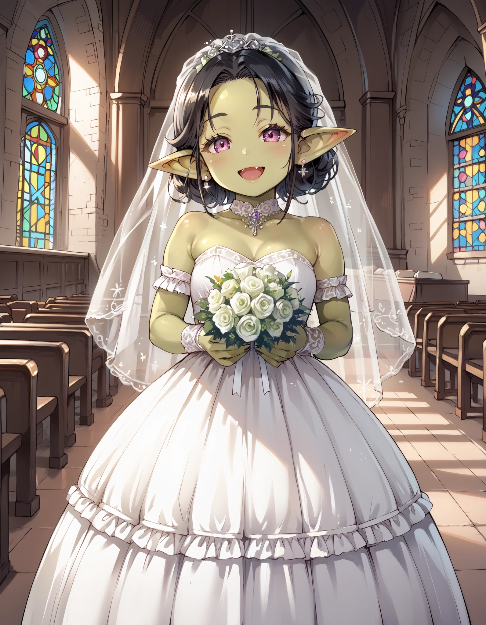 score_9, score_8_up, score_7_up, (((1 girl))), wedding_dress, green goblin girl, indoors, church, happy face, perfect beautiful face, standing, (((personless background)))