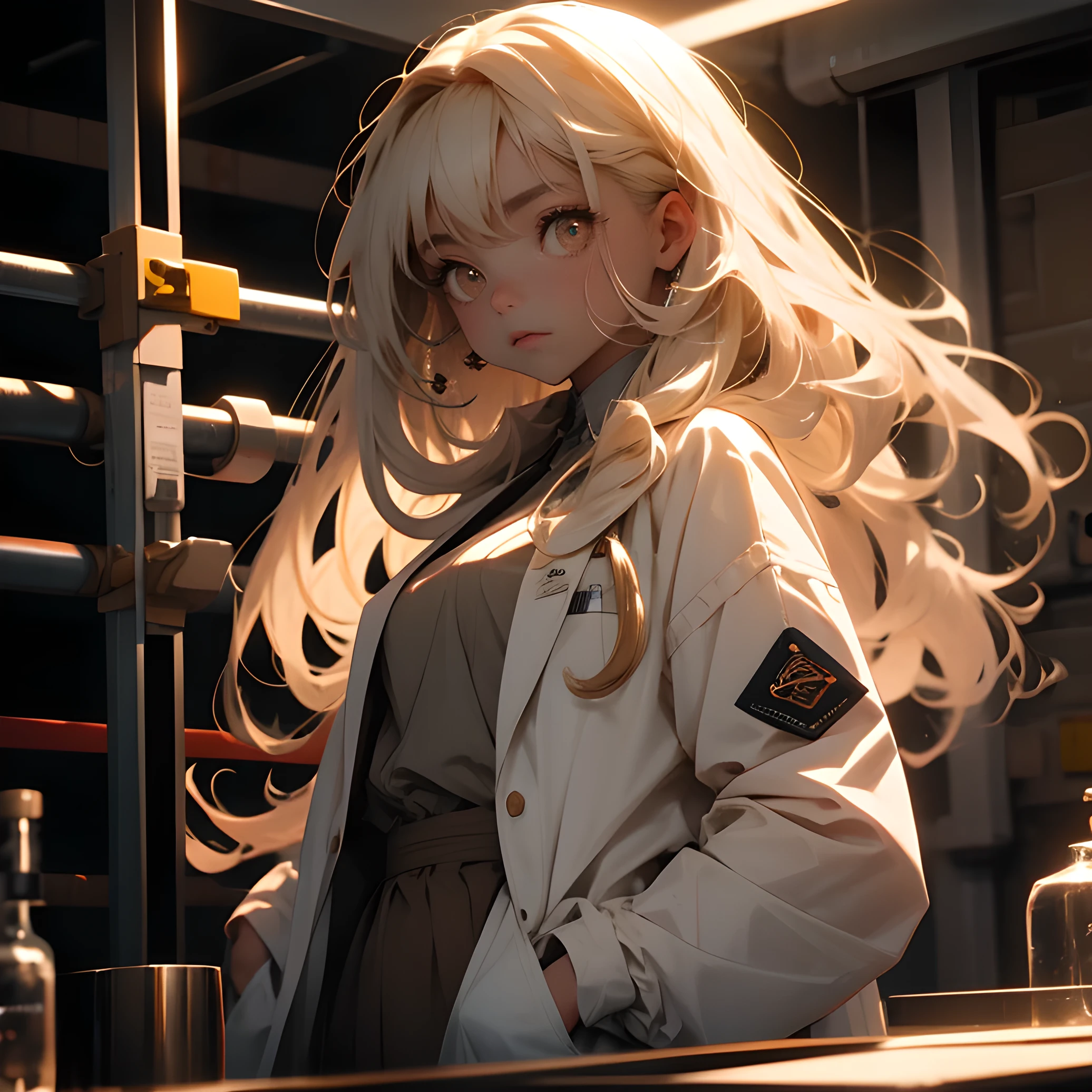 beautiful long white curly hair girl in lab coat with brown eyes and a dark prison background