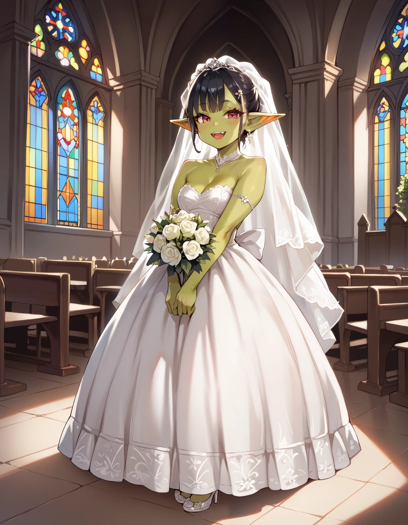 score_9, score_8_up, score_7_up, (((1 girl))), wedding_dress, green goblin girl, indoors, church, happy face, perfect beautiful face, standing, (((personless background)))