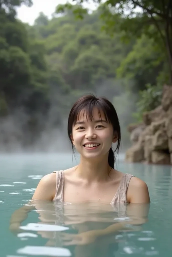 Naked in the hot spring、(((  top quality,  very detailed , with a smile、  very detailed))) 