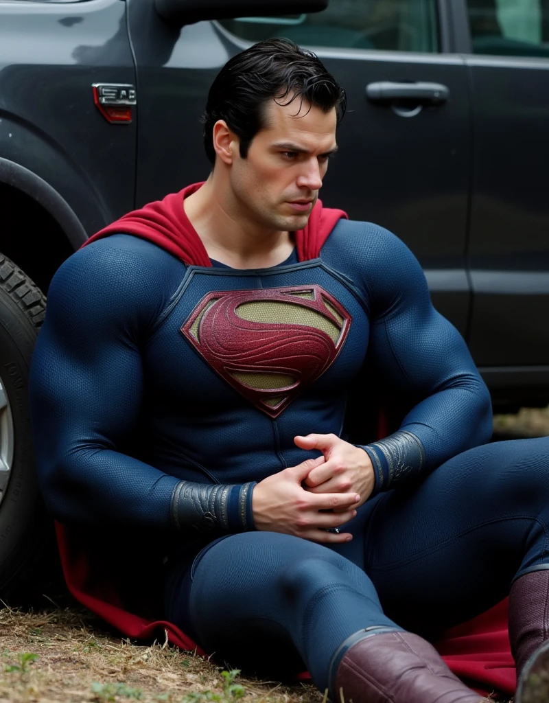 Image is a high-resolution, action-style photograph featuring a muscular attractive h3nr4, Henry Cavil with Short stubble in a superhero costume. The costume is predominantly blue with a large, metallic red and gold 'S' emblem on the chest, symbolizing the character's identity. The suit is form-fitting, highlighting the muscular build of the individual. He has short, dark hair and a determined expression, with his teeth clenched and eyes focused. The man is sitting on the ground, leaning against a black vehicle, with one hand clutching his side as if in pain. The background is blurred, emphasizing the subject in the foreground. The lighting is natural, suggesting an outdoor setting, and the overall tone of the image is dramatic and intense.