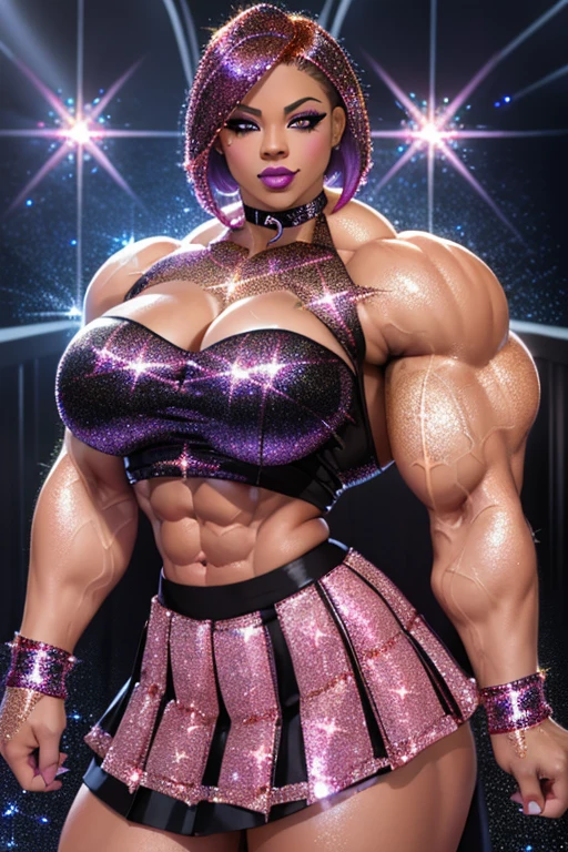 huge mom woman with muscles hard abs sings happy on concert