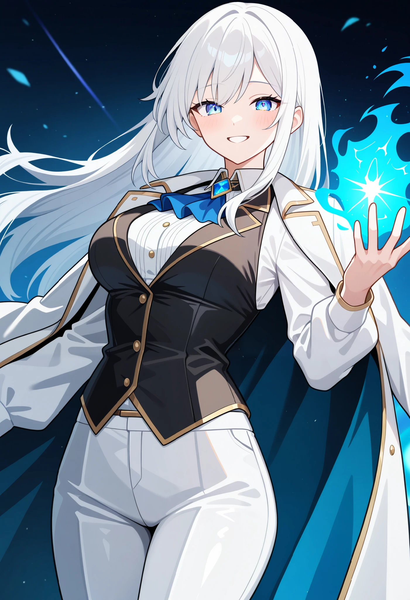 1girl, An illustration of a girl with long white hair. She is wearing a white shirt and vest with a coat on her shoulders. She generates blue magic, her hair and clothes fluttering. wizard, white hair, long hair, straight hair, breasts, white shirt, vest, robe, coat on shoulder, pants, smile, magic, cinematic angle, masterpiece, best quality, very aesthetic, absurdres