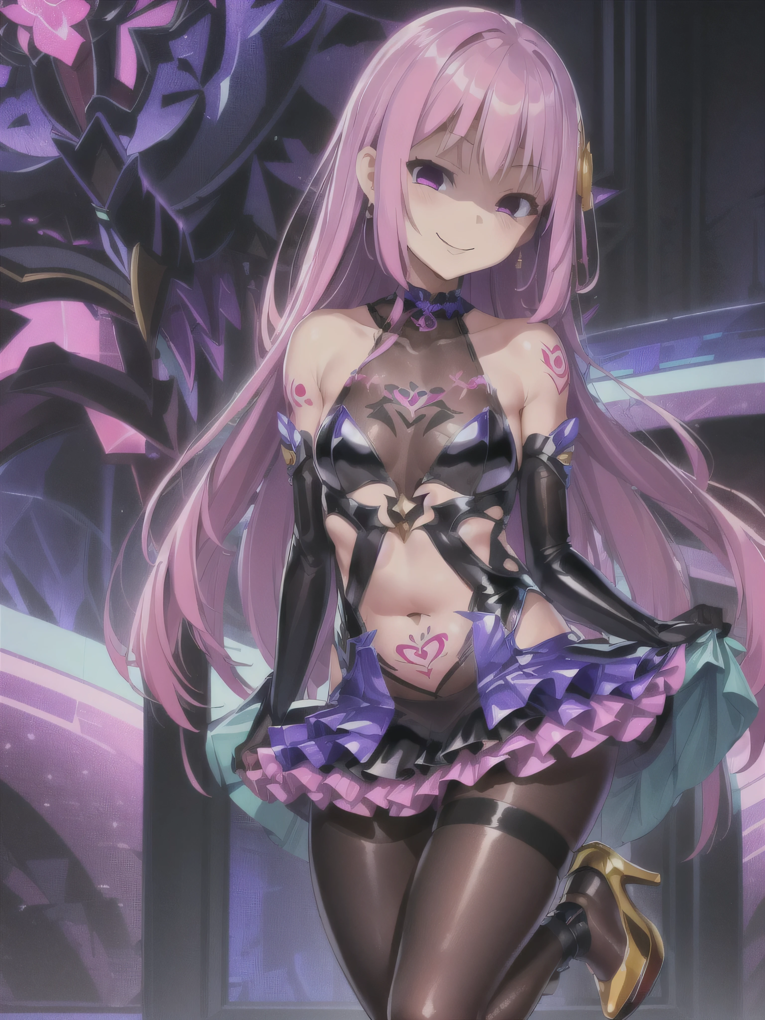 Cure happiness, Low Twintails, Feather hair ornament, skirt, tiara, Wrist cuff, Pink shorts, shorts under skirt, boots, corruption, Hollow Eyes, Half closed eyes, Wicked Smile, There are no students, Crazy Smile, Open your mouth, 1 Girl, Mature Woman, Married women, Dark Magical Girl、Large Breasts(Huge breasts:1.8)
