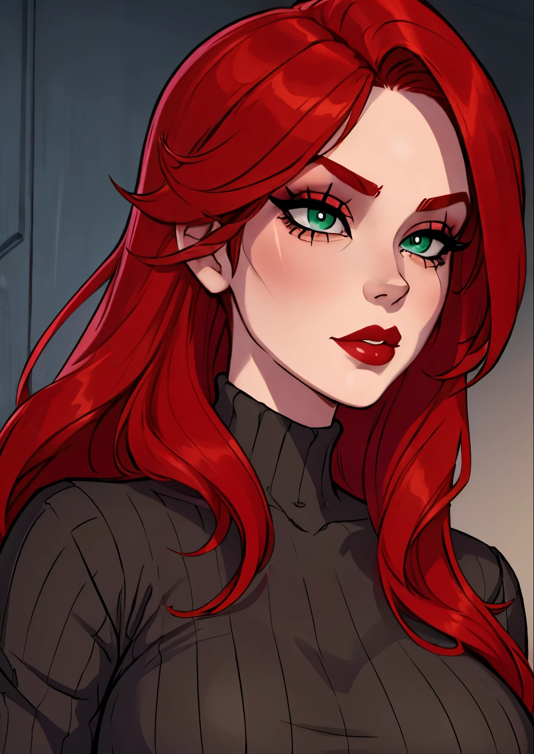masterpiece, best quality, 1female, beautiful, face portrait, deep makeup, 1girl, face focus, long hair, red hair, lipstick,, goth, scar over eye, makeup, pale skin, katarina, green eyes, sweater, cute