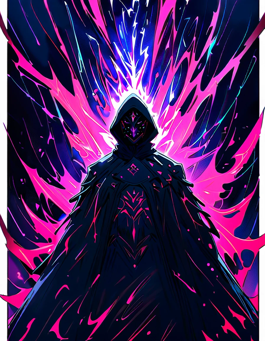 Hooded figure, Ominous, (mask), Glyphs + Glowing, Flowing energy, Powerful aura, consistent, Glowing eyes, glare, lens flare, no facial expression, full body view, (Fisheye lens), Dark lighting, extreme highlights, Best quality, Enhanced detail, Sharp, Perfect illumination, Ultra high definition, Ultra high resolution