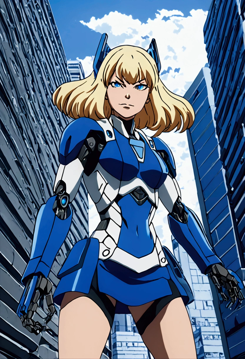 High quality portrait of Jenny Wakeman fighting aliens in a futuristic city. Day time. Smirk. Robot body, robot joints. Blue bolt on belly button, blue mini skirt