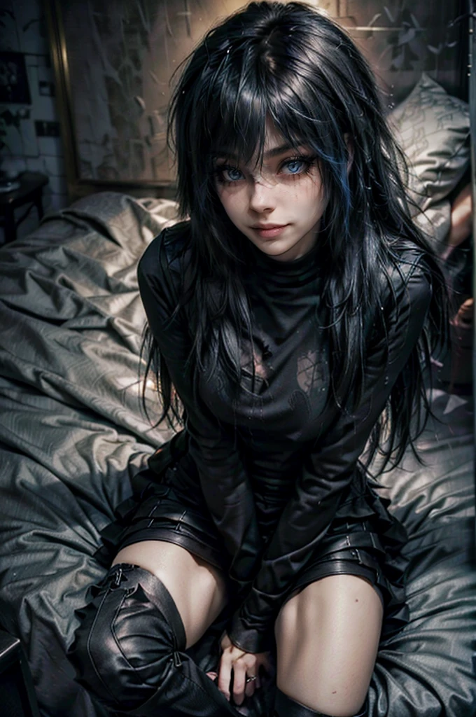 a beautiful young woman with long black emo-style hair, wearing a black semi-open business shirt, a ruffled leather skirt, knee-high stockings, and leather boots, sitting in a butterfly pose on a bed, mascara, smokey eyeshadow, dark eyeliner, (best quality,4k,8k,highres,masterpiece:1.2),ultra-detailed,(realistic,photorealistic,photo-realistic:1.37),highly detailed portrait,dramatic lighting,soft focus,warm color tones,detailed facial features,beautiful detailed eyes,beautiful detailed lips,extremely detailed eyes and face,long eyelashes,sensual expression,moody atmosphere,luxurious bedroom interior,silk bedsheets,aesthetic,fashion photography,editorial style