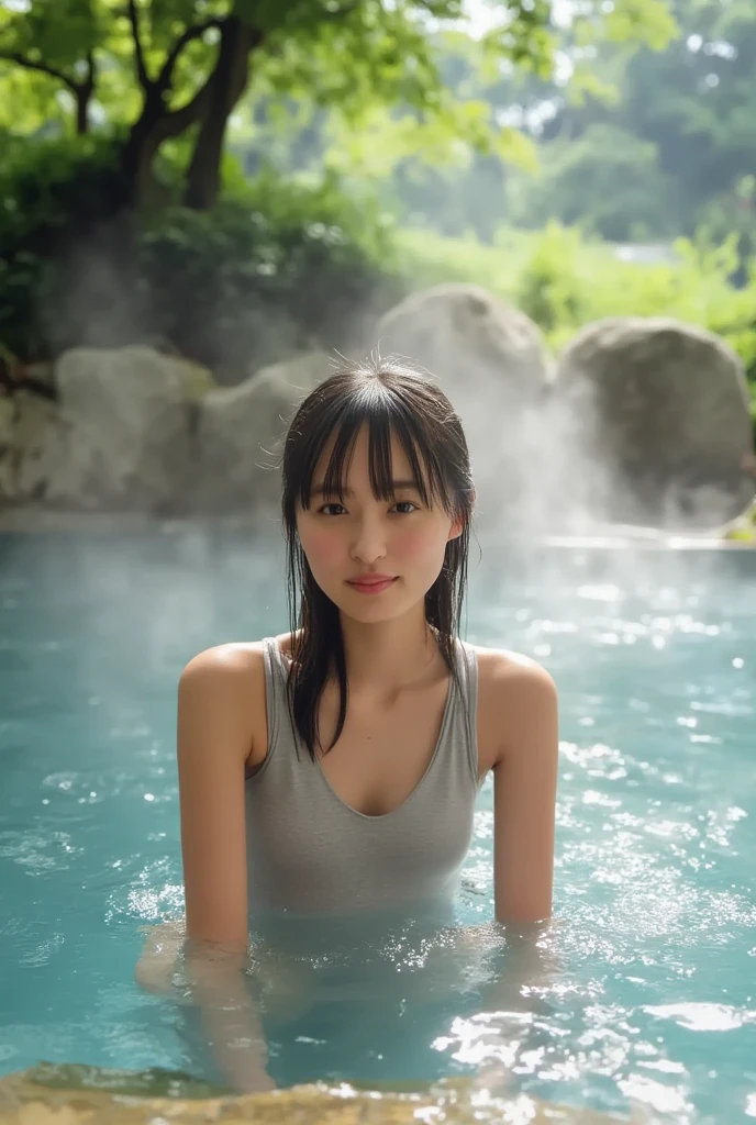 (((A girl in a hot spring with a capybara)))