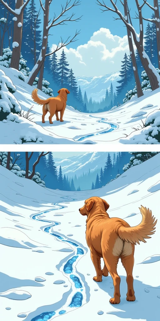 2comic panels.  and dog\(golden retriever\) staring at beautiful silver world.   walked on the snow and looks back surprised to see his own footprints