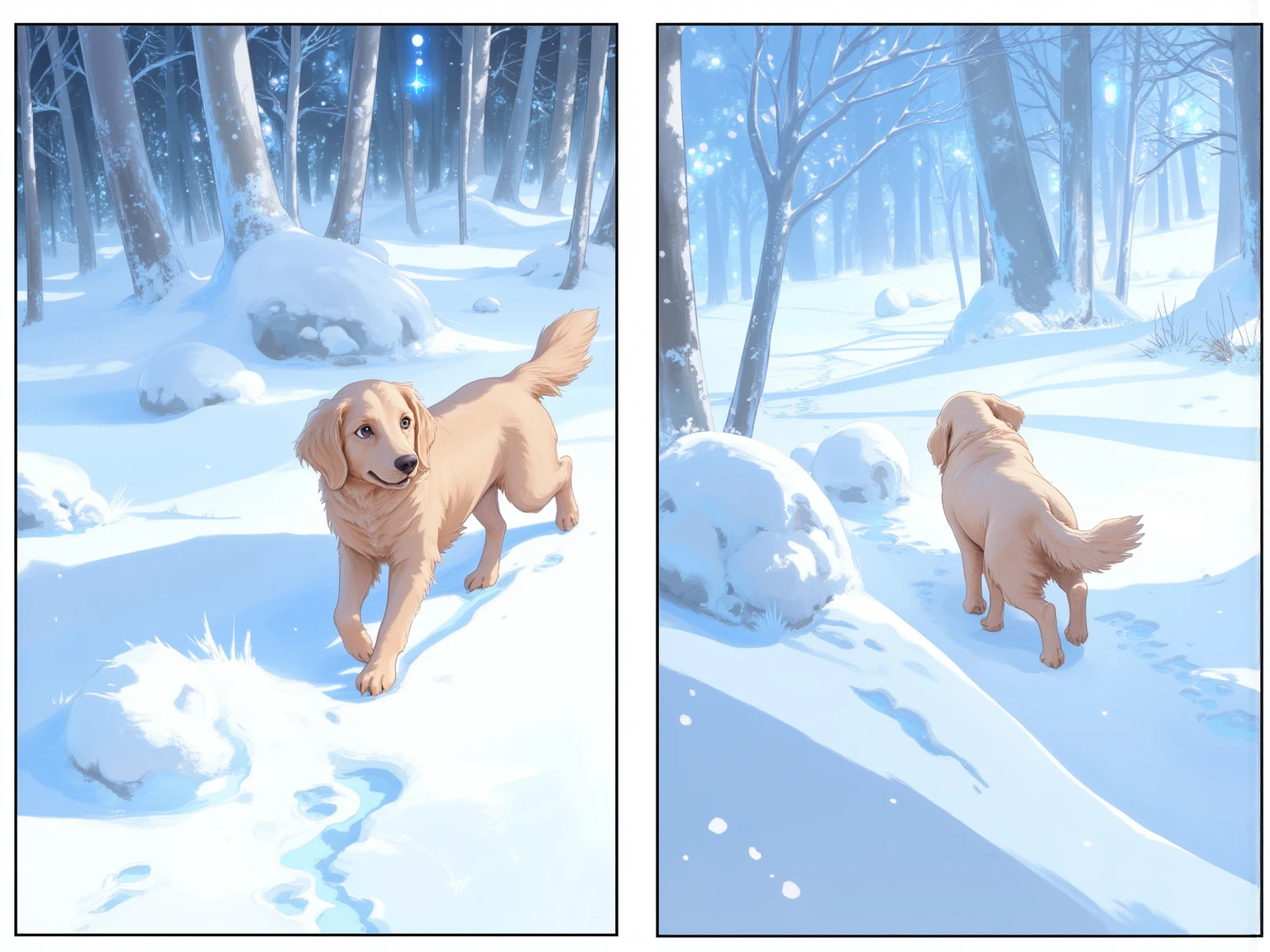 2comic panels.  and dog\(golden retriever\) staring at beautiful silver world.   walked on the snow and looks back surprised to see his own footprints