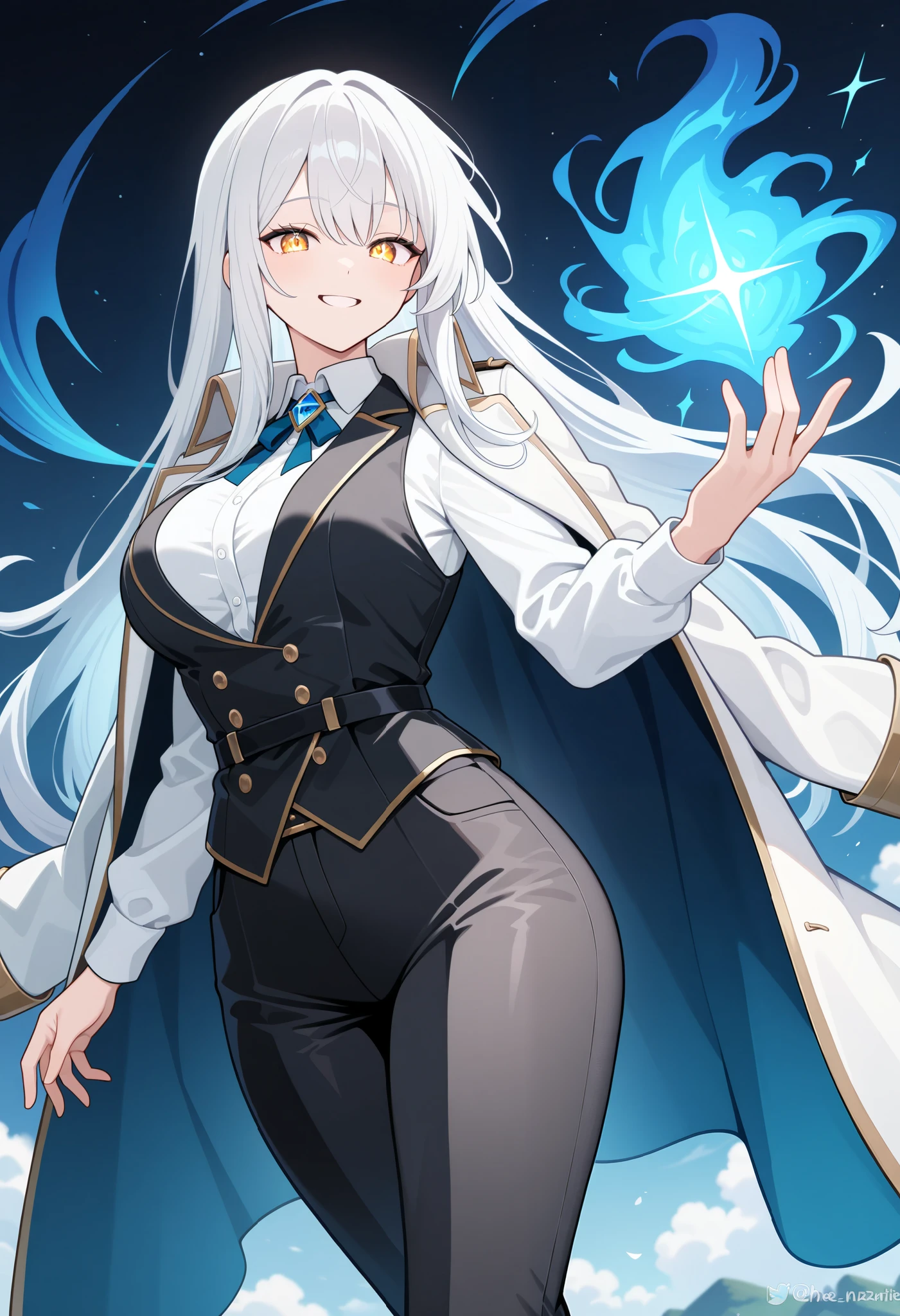 1girl, An illustration of a girl with long white hair. She is wearing a white shirt and vest with a coat on her shoulders. She generates blue magic, her hair and clothes fluttering. wizard, white hair, long hair, straight hair, breasts, white shirt, vest, robe, coat on shoulder, pants, smile, magic, cinematic angle, masterpiece, best quality, very aesthetic, absurdres