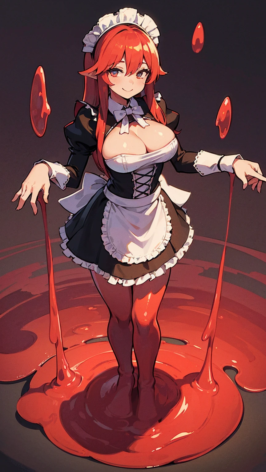 ((masterpiece,best quality,ultra-delicate,Perfect Face,detailed eyes,16k,high resolution,very beautiful girl)),((red slime body ,melting legs,Best Anime,melting body,melting breasts)),sharpnes,clear,The Art of Phenomenal Depictions,melting red long hair,(1 girl),large breasts,(Maid costume,smile:1.4),cowboy shot,standing,red muddy floor