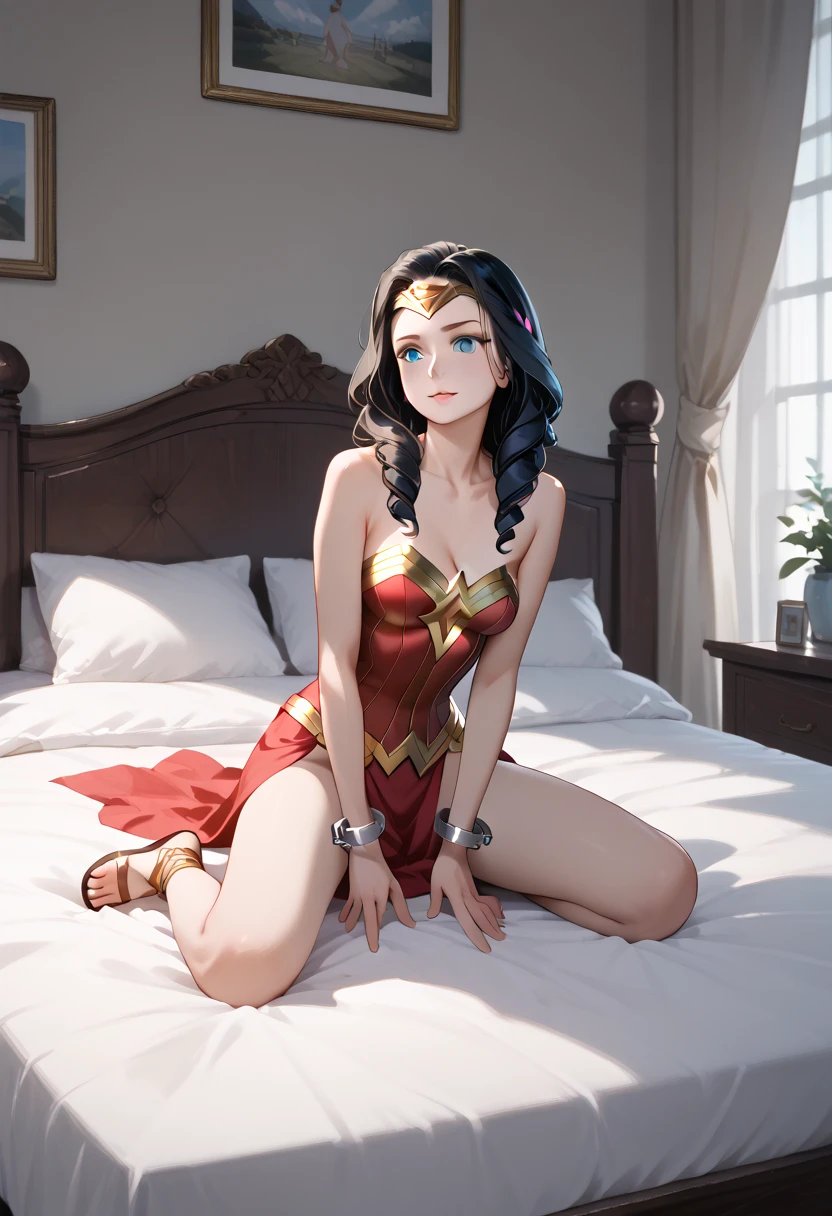 ((full body photo)) score_9, score_8_up, score_7_up, score_6_up, score_5_up, score_4_up, source_anime, Wonder Woman of DC, fair skin, (((She lay on her back))), Pretty face, bed, voluminous hair, bobby pins hair, blue eyes, leather gloves, gag, clean hair, handcuffs, open arms, high-top gladiator sandals, room, best quality, best resolution, 4K UHD,
 