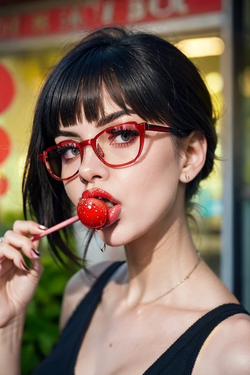 (work of art, best qualityer:1.2), 1woman, standing alone, high qualiy raw photograph of a young (((woman red lips licking a red lollipop ,holding lollipop on hand))) , ((cut hair with bangs)), , Hot girl, sexy, sensual, vibrant neon colors, stylish red lenses glasses, silhuette, gazing at viewer, praise, ultra HD, precise, texturized skin, super detaill, High details, high qualiy, high resolution, 1080P, 4K