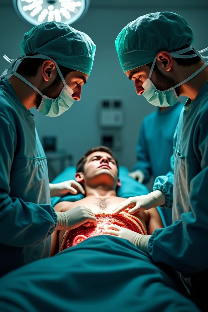 In an anatomy classroom, an iranian man, stark, very bearded and hairy body, is lying on an examination table completely naked. He is touched and examined closely by a group of curious casually dressed students around him., all focused on learning about the human body. The school classroom is bright.