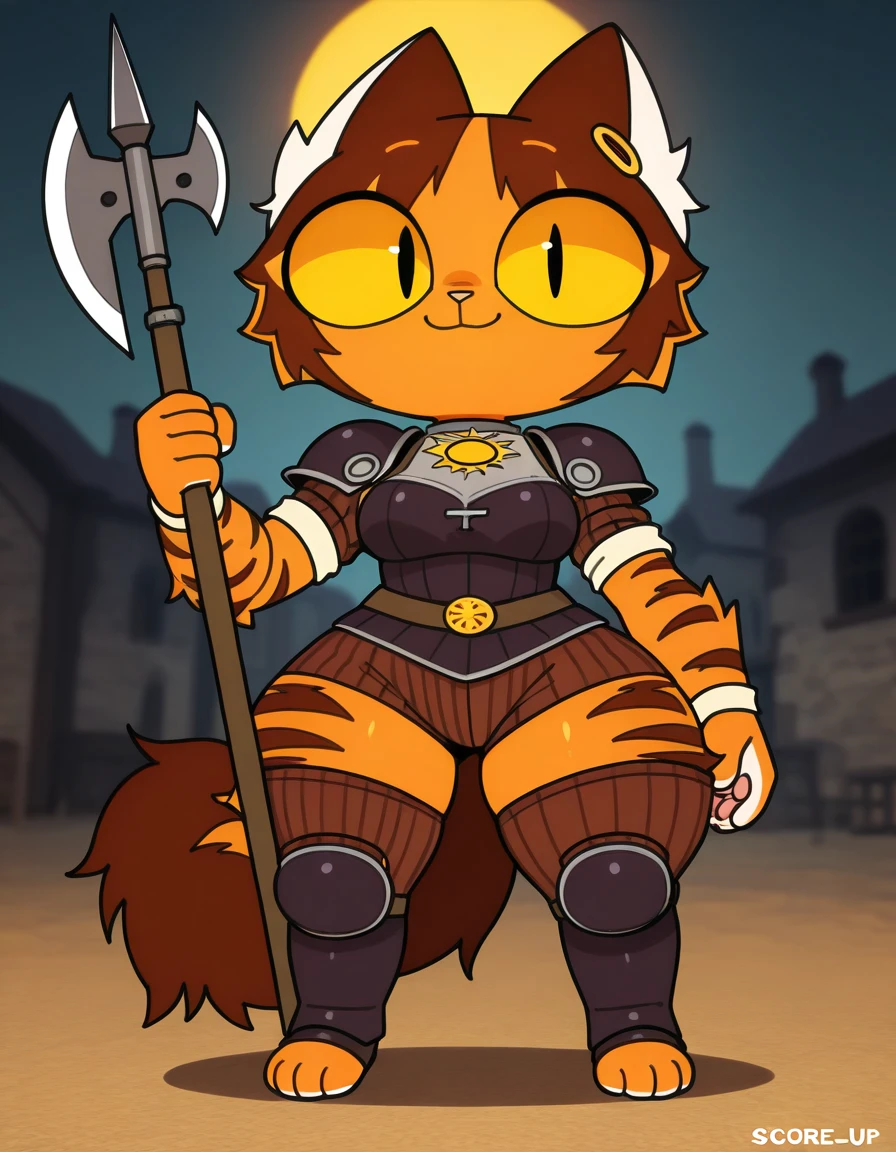 (((by fluff-kevlar, by Zackary911, by Kenket, by Kilinah, by darkgem))), solo female ((Kobold)), (detailed Kobold)), (huge breasts:1.3), nipple outline, (wide hips:1.7), (huge thighs:1.5), (huge ass:1.4), athletic, Kobold black horns, Kobold tail, messy hair, red hair, punk style, thigh highs, black thong, (torn tank top:1.4), bare midriff, front view, looking at the observer with an embarrassed smile, blush, perspective, finely detailed paws, punk style, standing upright, fantasy theme, medieval style, standing on path, forest, sunny day, holding knife, short girl, shortstack, tansau