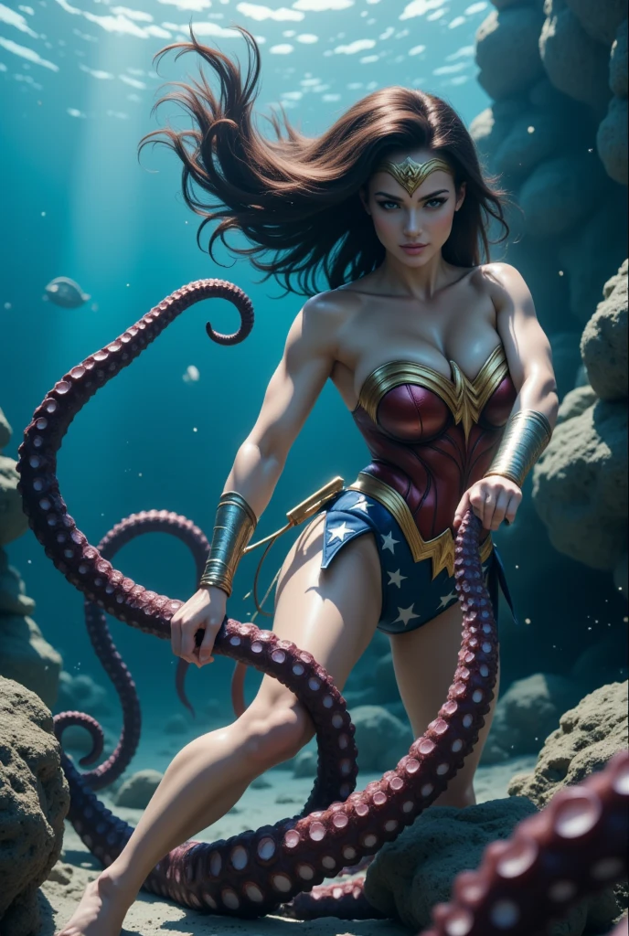 in the dungeon,Small space,Covered with tentacles, blonde supergirl riding a giant squid tentacle, elastic goo around the body, many tentacles, Fine details,Tentacled,Tied with tentacles,,drooling,Crying,Detailed body,Full limbs,cameltoe