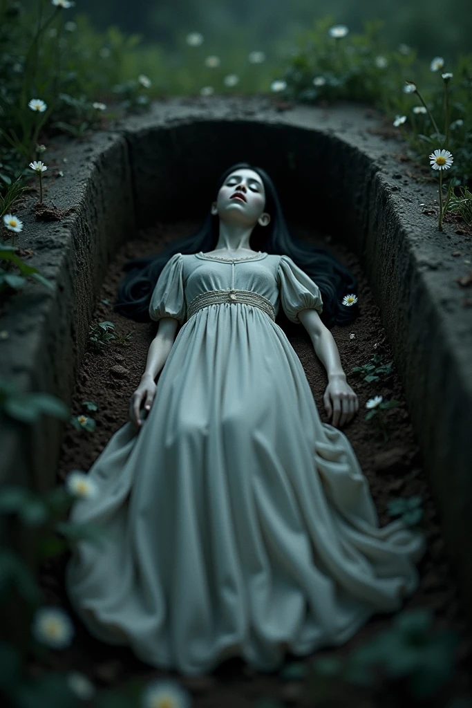 English woman 20 years old,skin fair,sparkling green eyes,dark purple hair,white gown,She is in pain and passed out on the floor,,ela esta cheia de sangue o white gown fica vermelho de sangue,forest of light scenario,scenarioposes,make-up,cinema image,品質,full body images,detailed,full body image,high resolution,she starts floating dead,black magic with purple surrounding it,the forest turns black ((camera above))