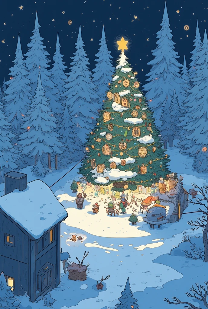 Bird's eye view.many cute dwarf\(chibi, fairy elf, \) living on the snow,Decorating huge Christmas tree. in the Christmas forest, beautiful ornaments,Christmas Wintery, snowy starry night, many footprints of elves,niji style