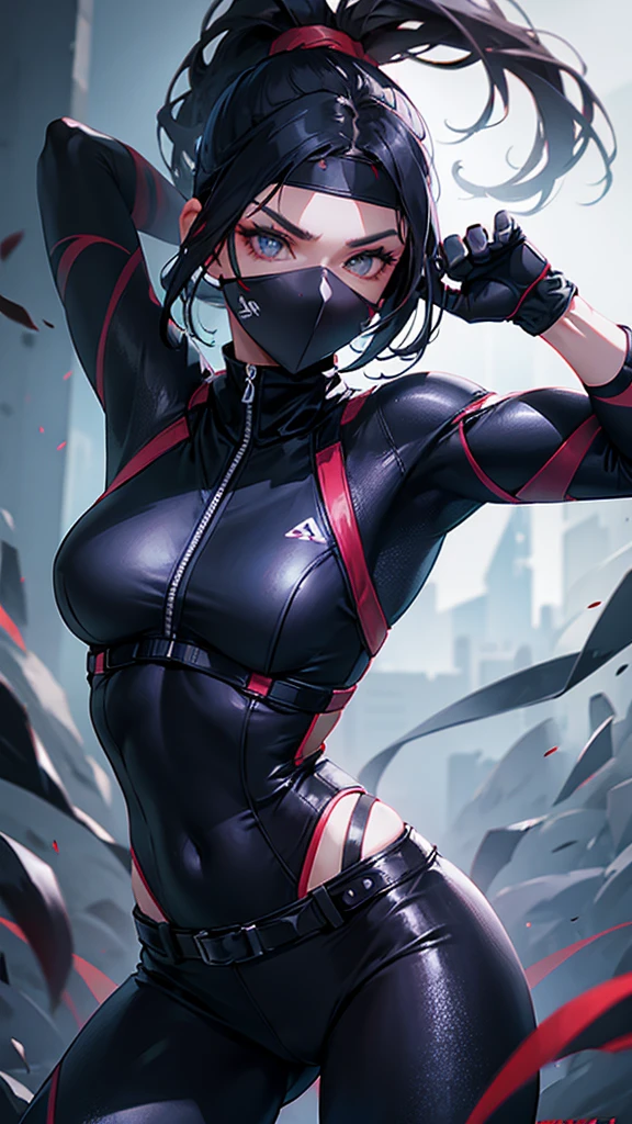 1 girl, ((muscular)), spiky ponytail, toned body, black hair, red eyes, (mask), perky breasts, long hair, from behind, big ass