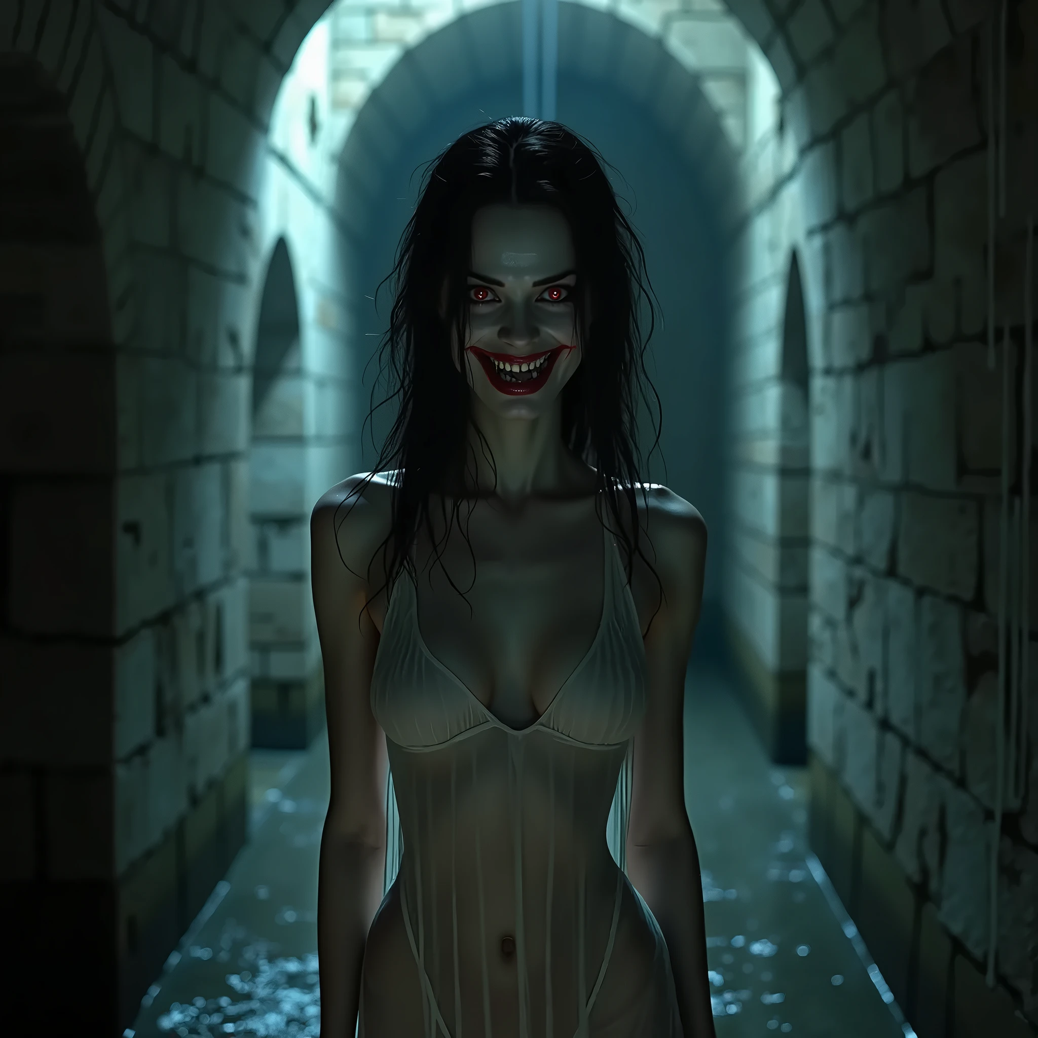 A stunning closeup portrait of Maleficent in the nude, young and beautiful, hyper realistic, real portrait, backlit, exquisite features, cleavage, sexy, seductive, unnatural light, soft light, location is the interior of a dungeon, green light, eerie, purple highlights:1.4, she is smirking, she is busty, her chin is raised, looking down at viewer, low angle shot, h her body is nude, naked and powerful, visible breasts, visible nipples, she is standing, narrow waist, wide hips, exquisite features, exotic, high cheekbones, lace lingerie
