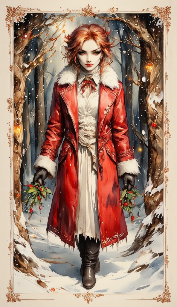 ink and watercolour full length portrait on parchment. In the midst of a winter pine forest, a (mysterious (female (vampire))), (neat and tidy (long(auburn hair))), opal red eyes, (open mouth:1.9) (fangs:1.9), (tongue:1.9). holding a branch of holly. red (warm coat) with white fur collar. lacy aesthetic. christmas aesthetic. snowy background with pine trees, christmas decorations and lights.  red and white. vampcol