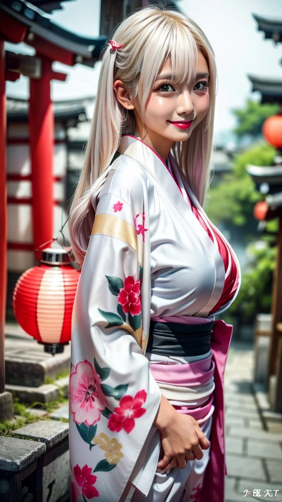 professional portrait photograph of a gorgeous beautiful sexy girl in the most beautiful highly detailed open layed kimono with sash and ribbons with ((long wavy platinum white hair)), sultry flirty look, freckles, gorgeous symmetrical face, cute natural makeup, massive accentuated super huge enormously gigantic breasts, cherry blossoms blowing in the wind Shinto shrine background