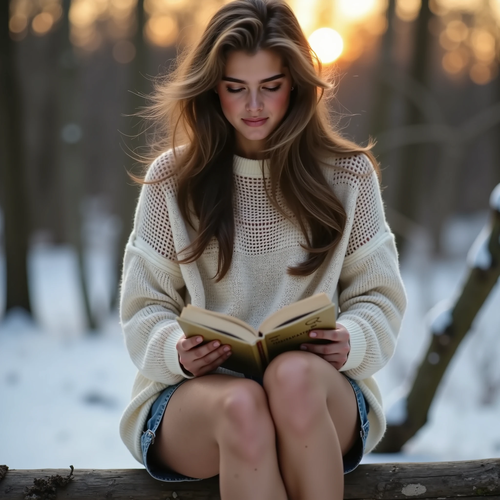 "Brooke-babe", A stunning, ultra-high-definition (UHD), photorealistic, and highly detailed image capturing an intimate moment as she is seating on a wood, legs crossed, reading a book, low angle camera, wearing a white knitted sweater, outdoor, snow fall, Russia, forest, sun set, her hair is covered in show, 