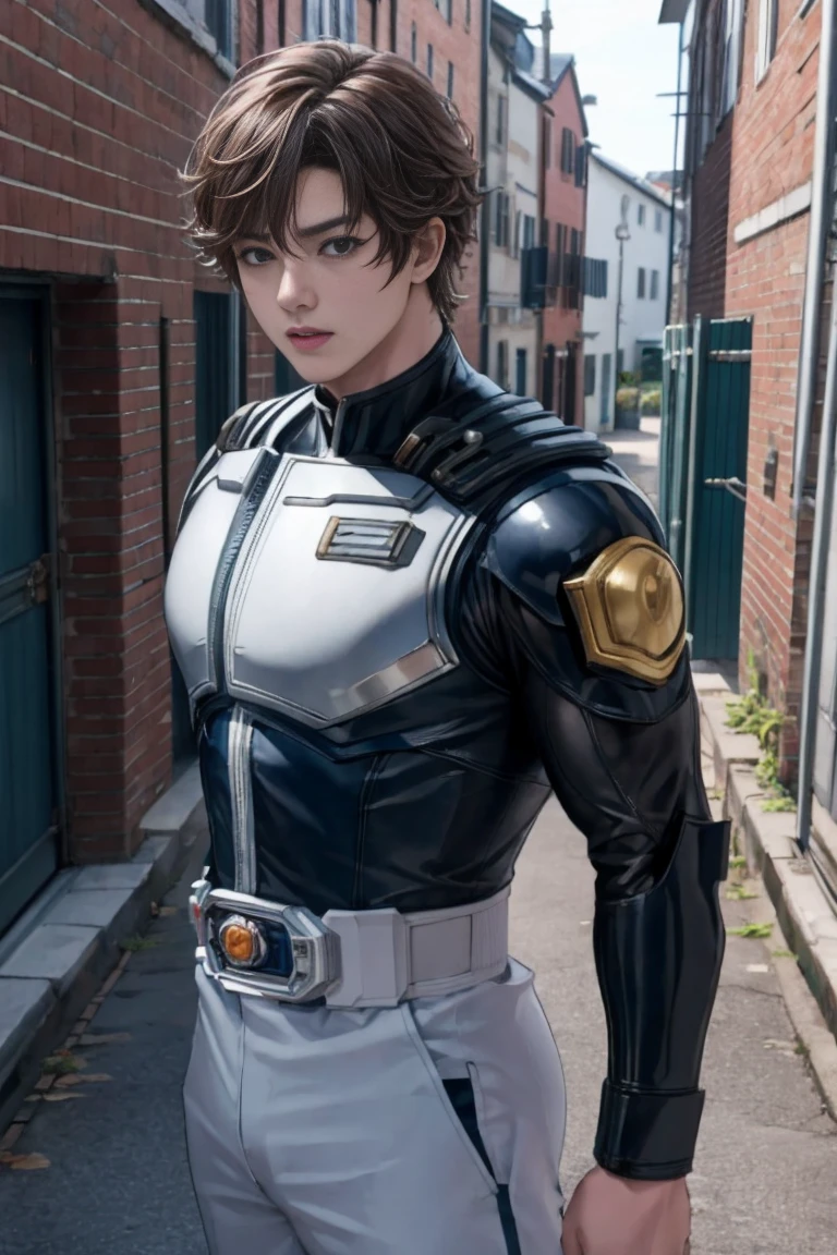 (    top quality ), (Overall view) ,Back Alley, 魅力的な若い青年18 years old, shiny Kamen Rider suit, 18 years old,  