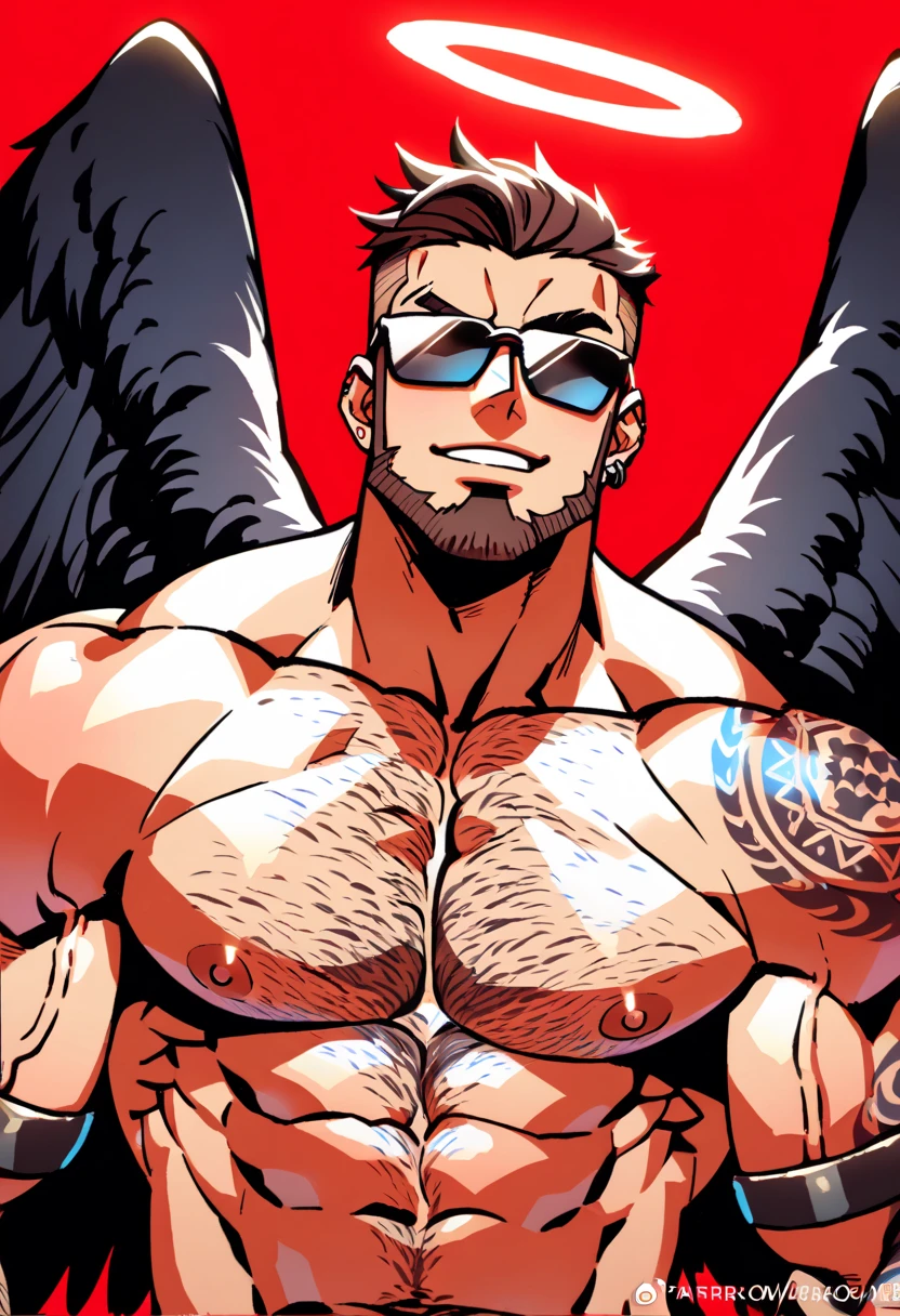 a bearded tattooed muscle cowboy with angel black wings posing naked, nsfw, muscular man, perfect anatomy, balanced anatomy, hairy, big chest, bdsm costume, black cowboy hat, sunglasses, big penis, handsome, lewd expression, muscular, short haircut, bearded, brown hair, piercings, angel black wings, red background, high resolution, high quality, masterpiece.