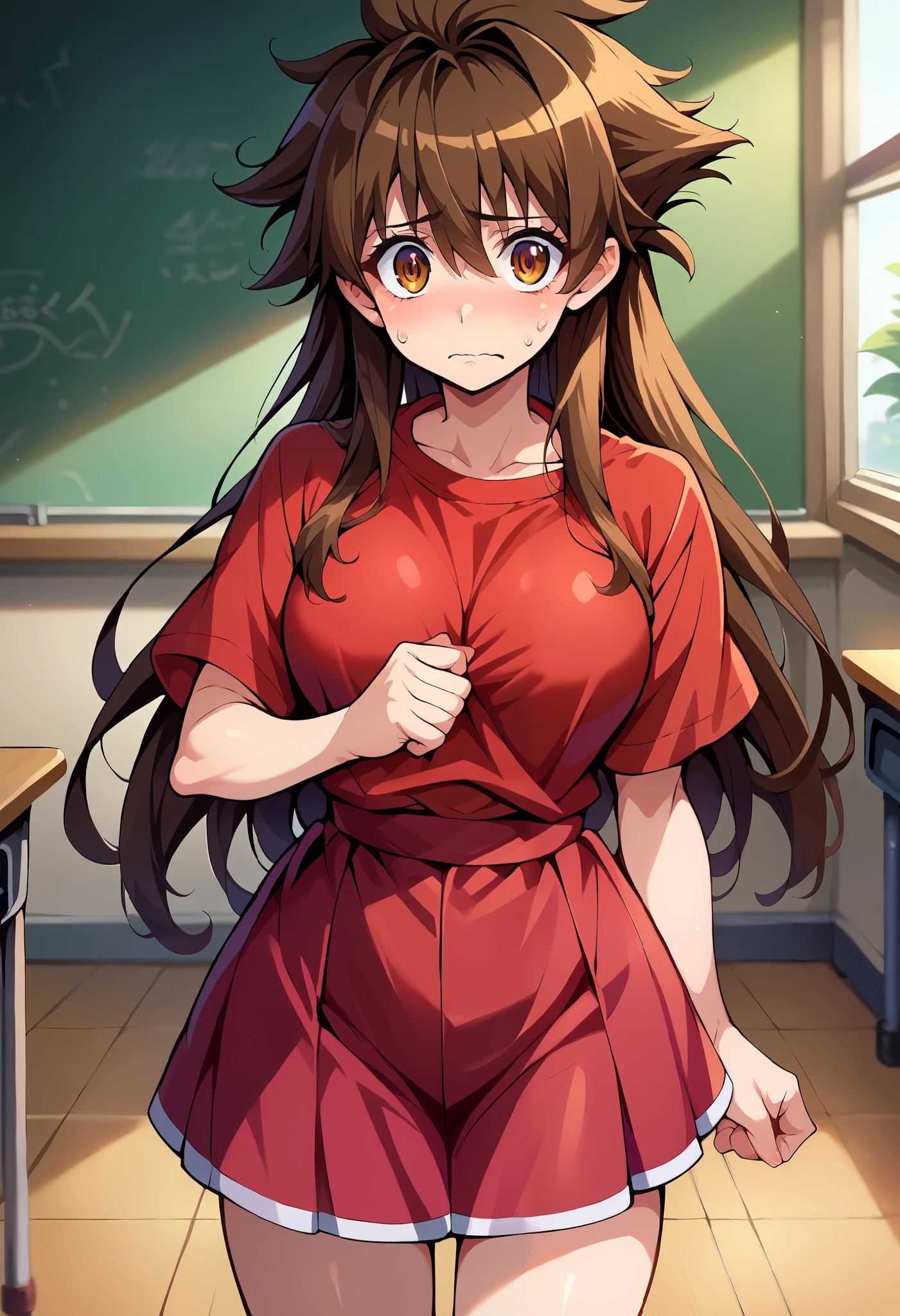 score_9, score_8_up, score_7_up, 1girl, solo, genderswap \(mtf\), ((long hair)),Issei Hyoudou, brown eyes, brown hair, spiked hair, red shirt, loose shirt, short sleeves, buttomless, red skirt, thighs, standing,  nervous, looking at you, classroom, clear day,