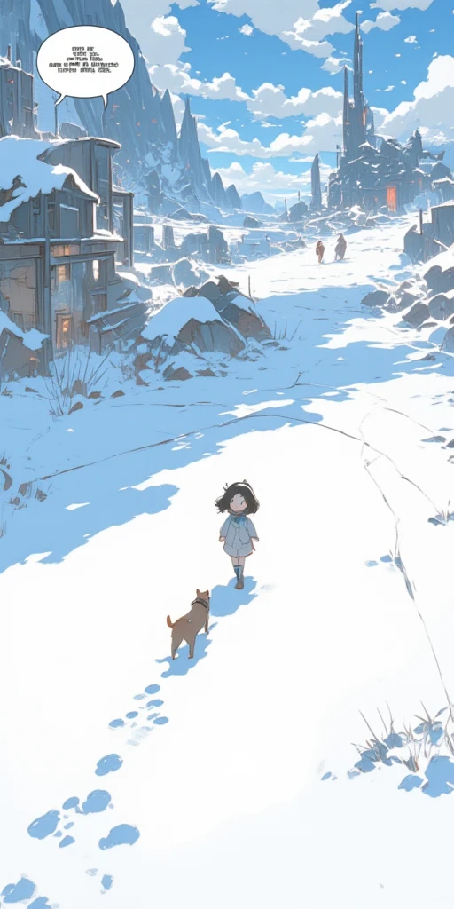 2comic panels.  1girl and 1dog at silver world with no footprints. girl walked on the snow and surprised to see own footprints