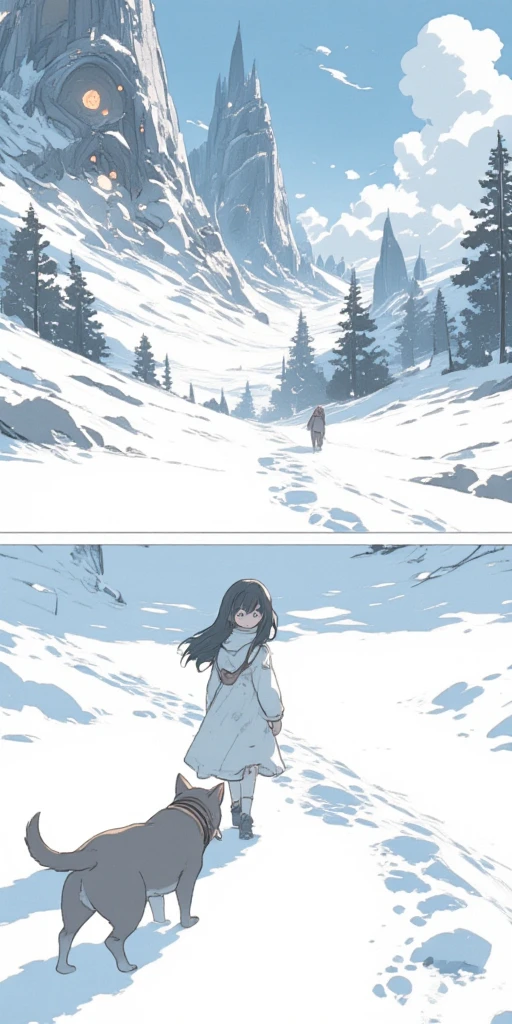 2comic panels.  1girl and 1dog at silver world with no footprints. girl walked on the snow and surprised to see own footprints