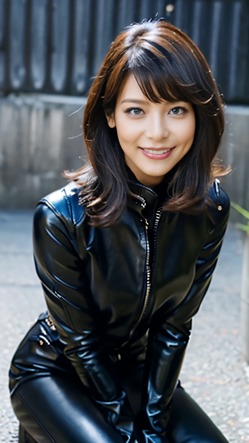 With high image quality、Please draw a woman in her 30s with a realistic atmosphere.。Her hair is two block short cut、has dark blue hair color、characterized by small breasts。She wears a leather rider suit and high-cut boots