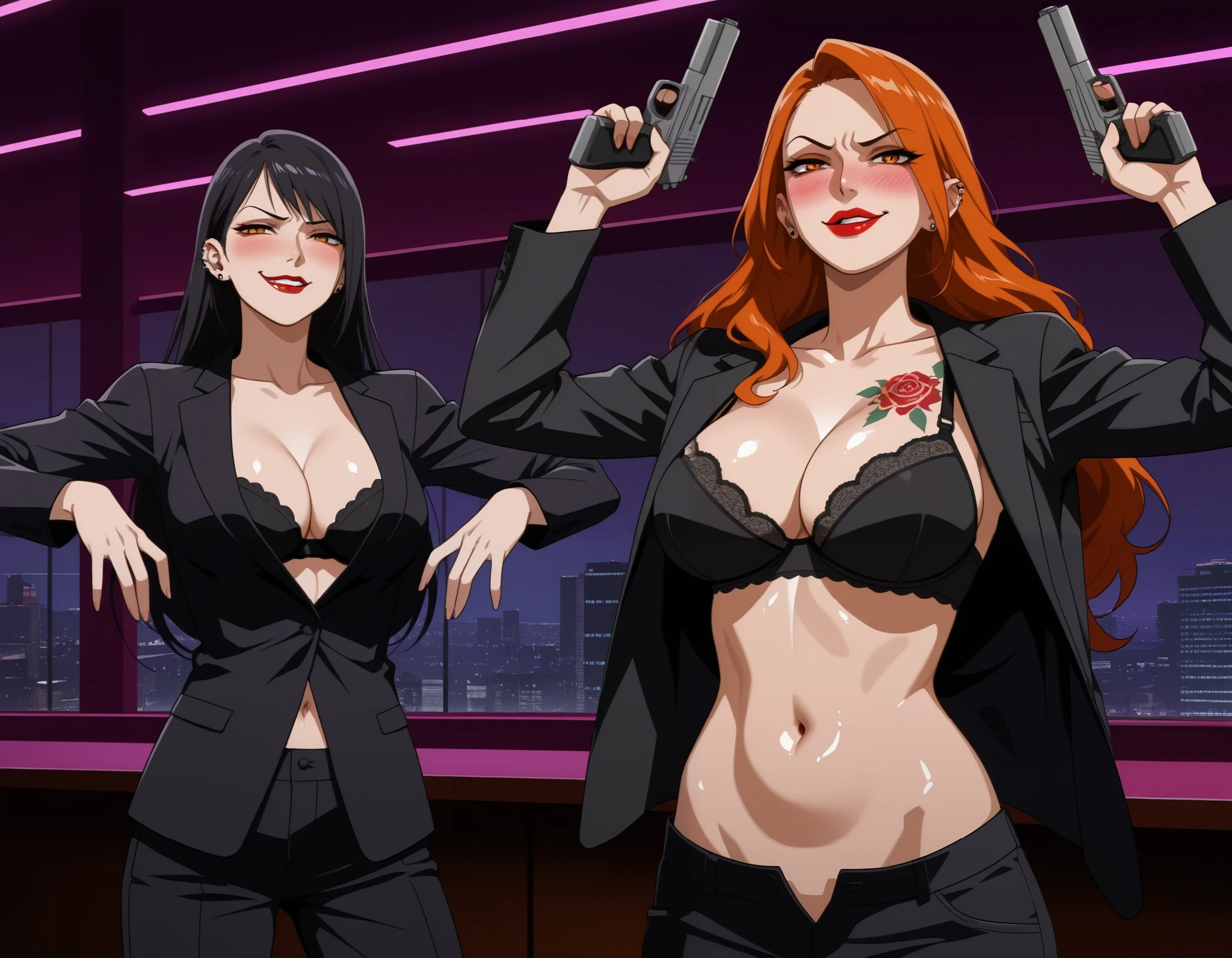 2girls, two girls, smirk, red lips, large breasts, bad attitude, mean girl, ear piercing, long hair, blush, lipstick,Hot girl, baddie, smoking, sensual, attractive , bar background, inside bar,indoors, bar, indoor, cityscape, building, city lights, long sleeves,
cleavage, jacket, unbuttoned pants, black jacket, black pants, formal, suit, black bra, evil smile, smile,
(nsfw) not safe for work, navel, evil expression, exposed belly, exposed navel, exposed midriff,
exposed lower belly, unbuttoned long black pants, open mouth, holding a gun,k, tattoo on body, rose tattoo, dragon tattoo, , shiny skin,open arms sideway, arms T-pose, smirk, standing, anime girl T posing,