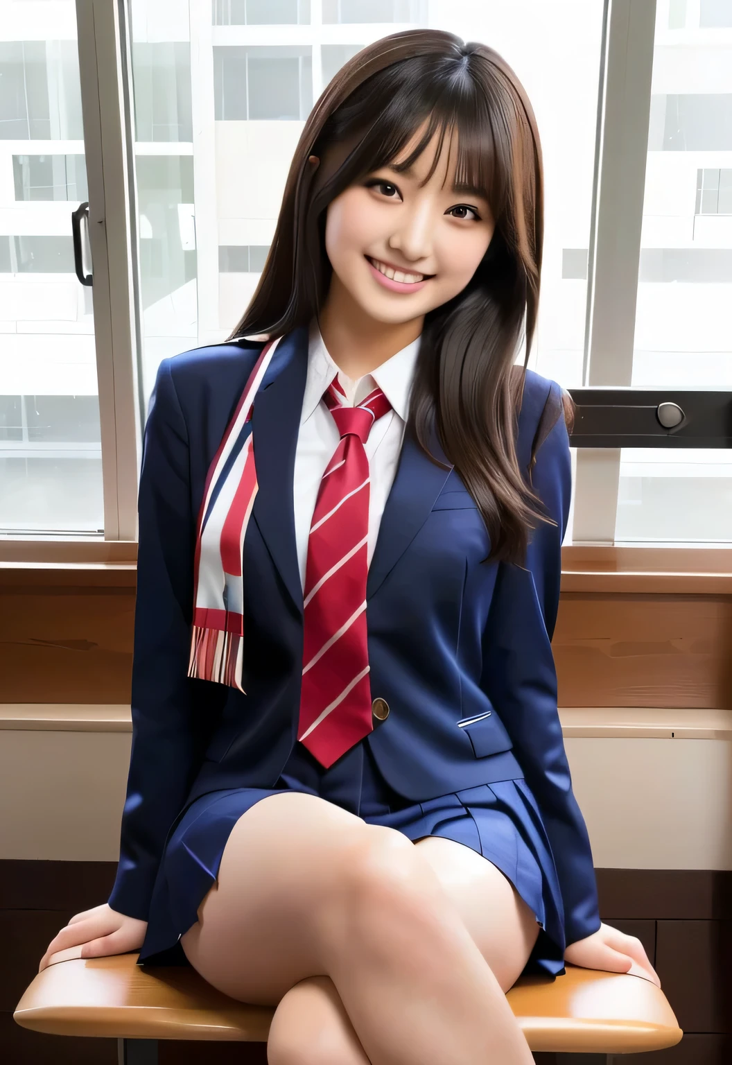 An Arabian Asian woman in uniform is sitting on a chair with her legs crossed,  Cute High School Girl , Female student posing,  don't mess with smile , a hyper Realistic High School Girls , hyper Realistic High School Girls , wearing  Japanese school uniform , A pretty face with arms and legs,  Realistic High School Girls ,  Japanese school uniform ,  Young Cute Gravure Idol, Beautiful smile,  Japanese High School Girl Uniforms