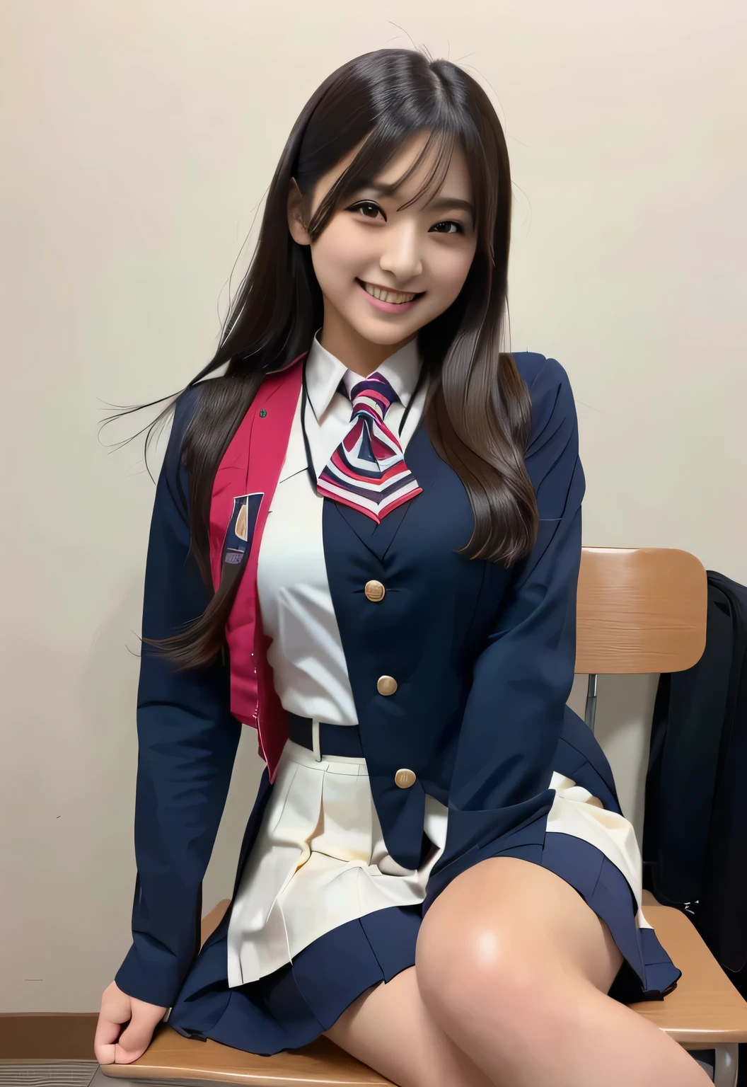 An Arabian Asian woman in uniform is sitting on a chair with her legs crossed,  Cute High School Girl , Female student posing,  don't mess with smile , a hyper Realistic High School Girls , hyper Realistic High School Girls , wearing  Japanese school uniform , A pretty face with arms and legs,  Realistic High School Girls ,  Japanese school uniform ,  Young Cute Gravure Idol, Beautiful smile,  Japanese High School Girl Uniforms