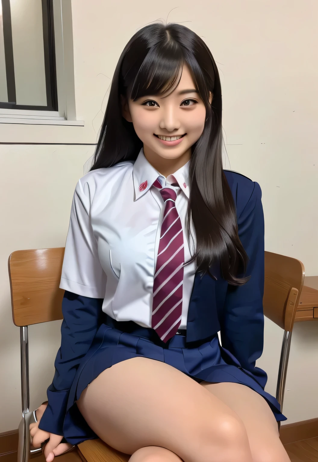 An Arabian Asian woman in uniform is sitting on a chair with her legs crossed,  Cute High School Girl , Female student posing,  don't mess with smile , a hyper Realistic High School Girls , hyper Realistic High School Girls , wearing  Japanese school uniform , A pretty face with arms and legs,  Realistic High School Girls ,  Japanese school uniform ,  Young Cute Gravure Idol, Beautiful smile,  Japanese High School Girl Uniforms