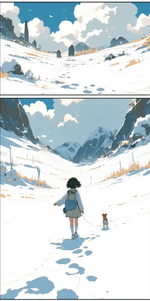 2comic panels.  1girl and 1dog at silver world with no footprints. girl walked on the snow and surprised to see own footprints