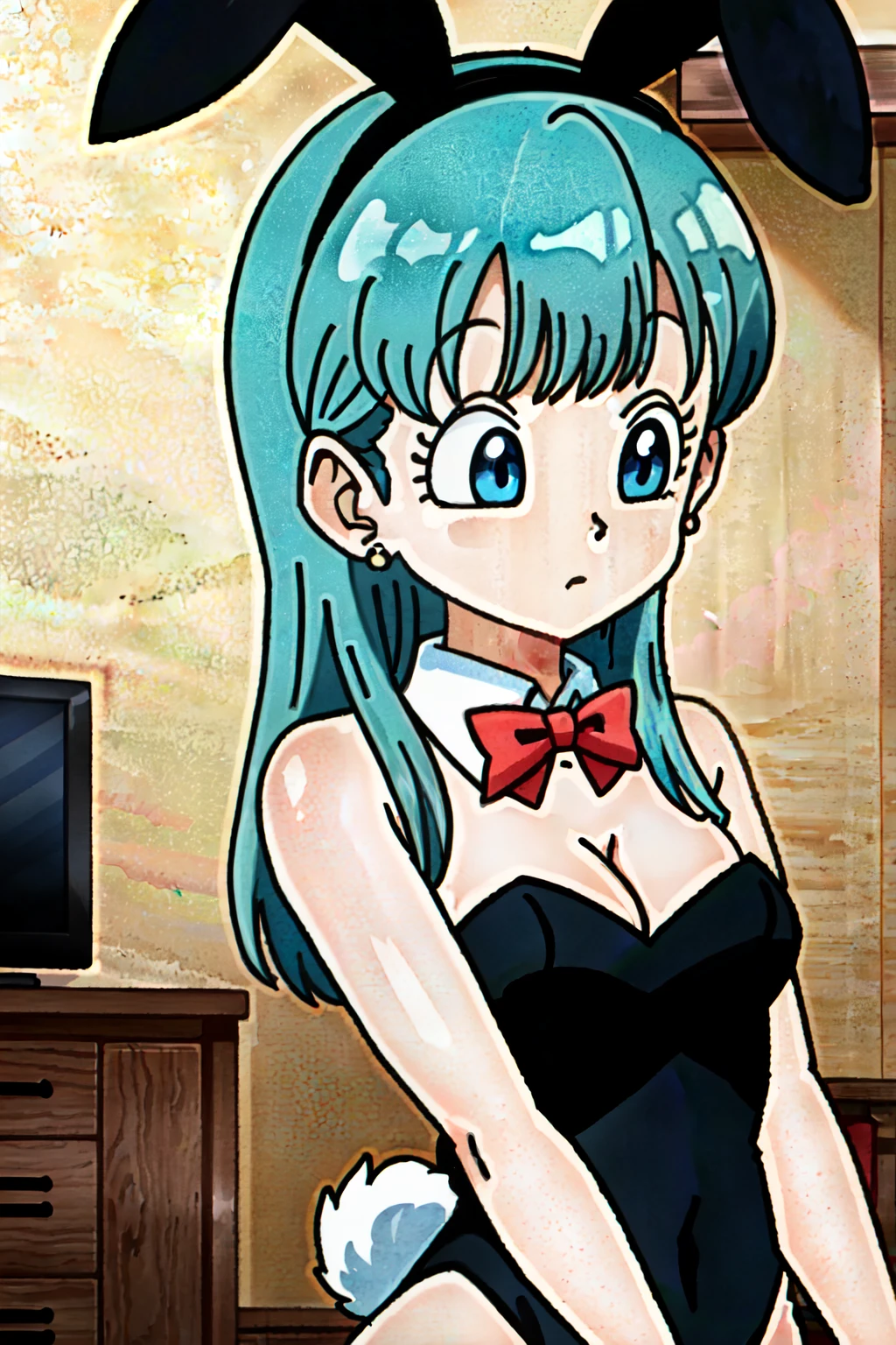 ((extremely detailed CG unity 4k wallpaper)),(masterpiece),(ultra quality),(ultra-detailed),(best illustration),(best shadow),(Extremely Detailed),(absurdres),(detailed background), Bulma, playboy bunny, blue eyes, rabbit ears, breasts, animal ears, earrings, cleavage, naked, long hair, 1girl, fake animal ears, medium breasts, bowtie, jewelry, eyelashes, tail, bow, upper body, blue hair, solo focus, red bowtie, bare shoulders, strapless, wrist cuffs, red bow, rabbit tail, blunt bangs, looking to the side, detached collar, looking away, bangs, strapless leotard, simple background, straight hair, aqua hair, indoors, living room