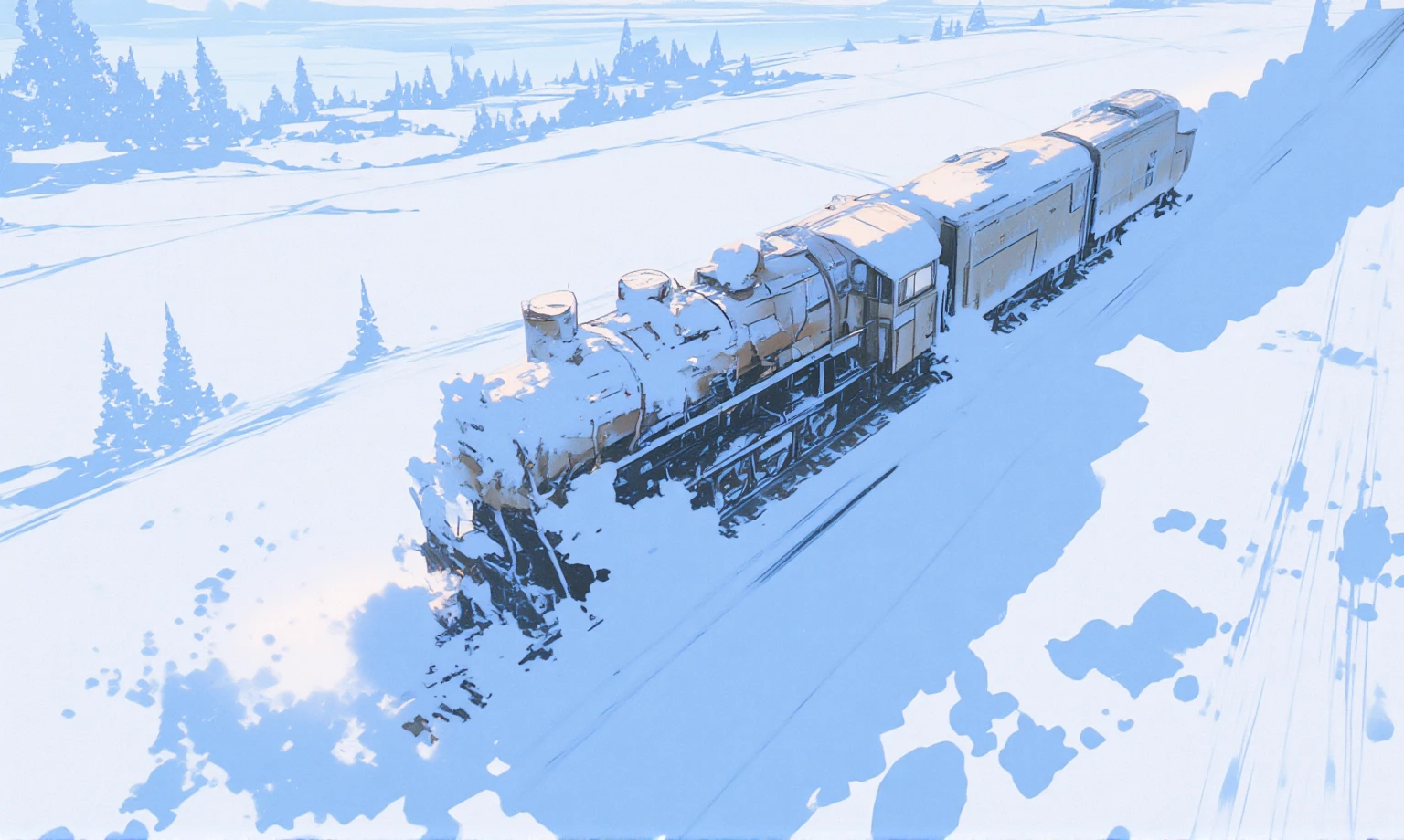 Bird's eye view. locomotive running from the upper right to the lower left in a silver world, all covered with snow. snow ruts only behind the locomotive. huge snow splash in front of locomotive. realistic. photorealistic.Snow shines reflecting the light. great focus on snow ruts.